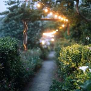 Garden pathway lined with shepherd hook 