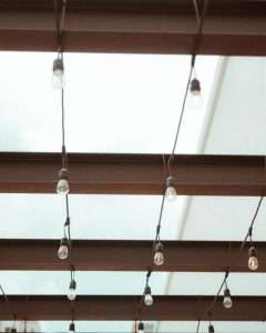 Grid mounted patio string lights outdoor patio decor